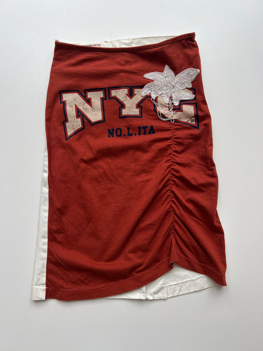 00s orange white denim midi skirt- size S