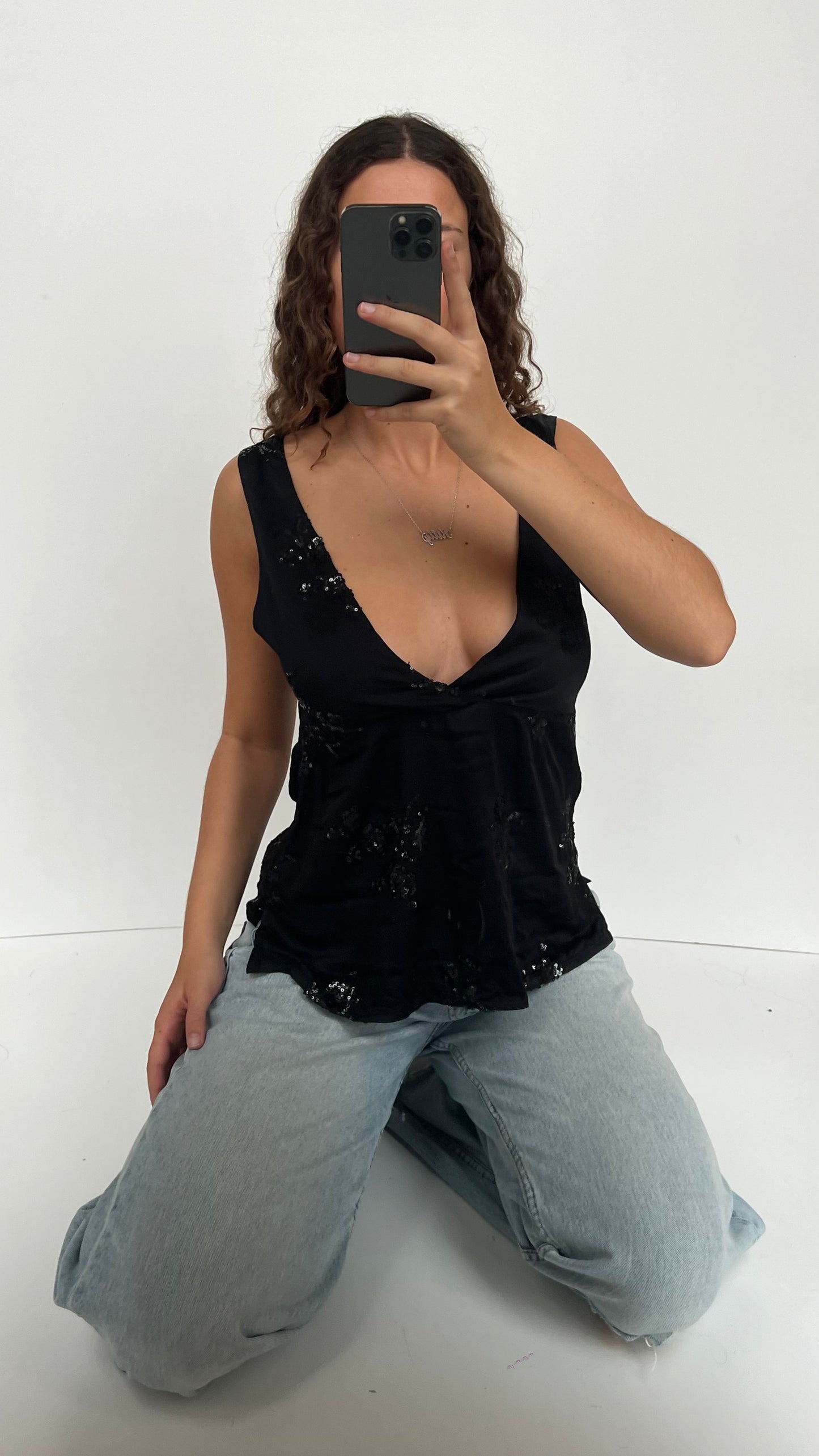 00s black sequin top- size L