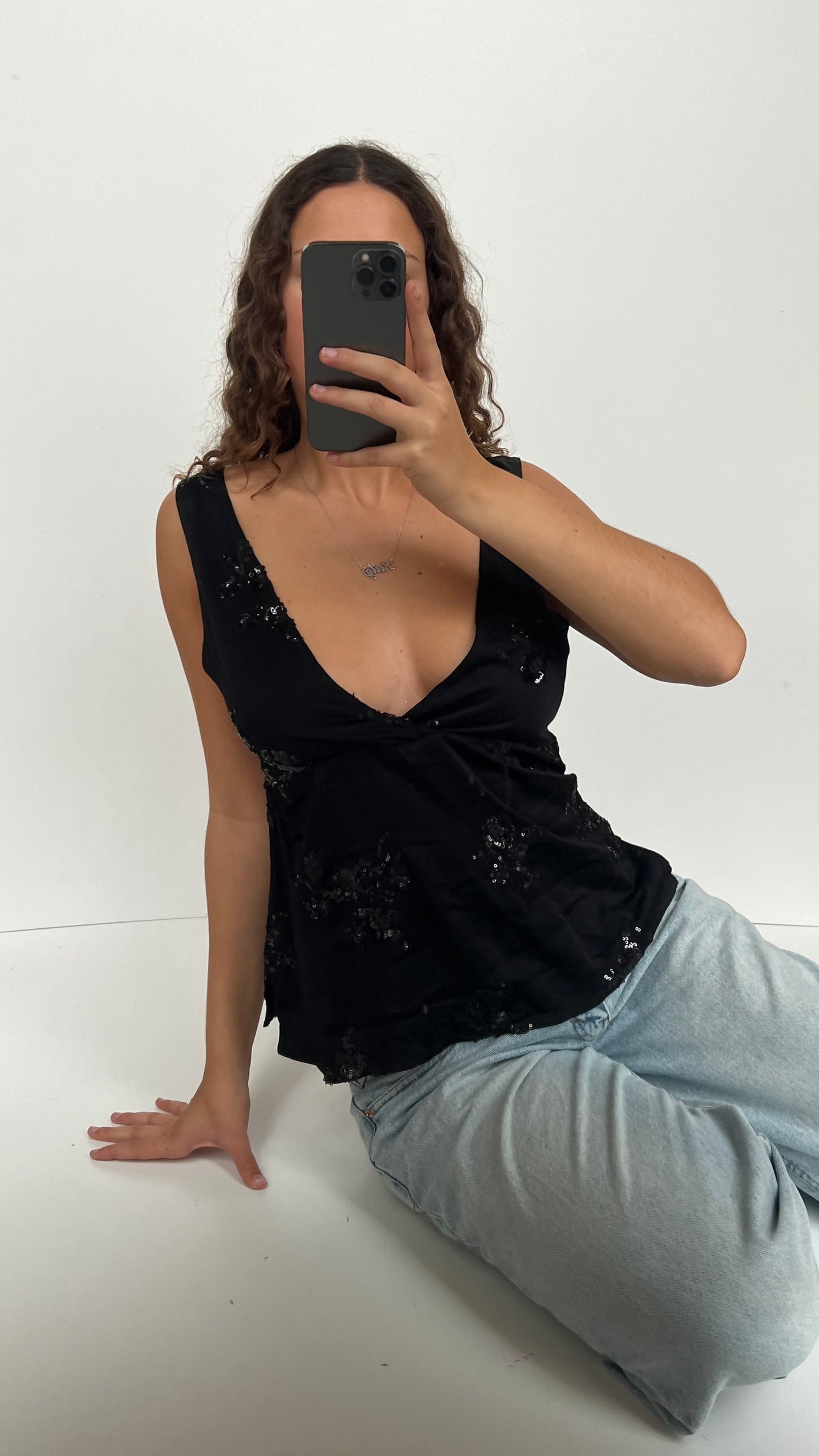 00s black sequin top- size L