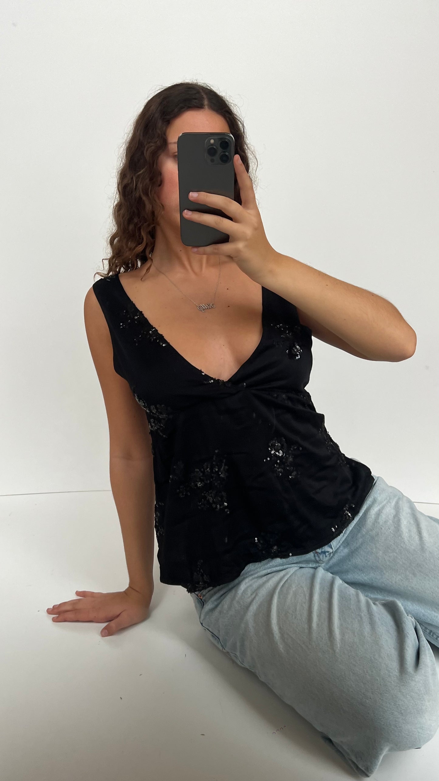 00s black sequin top- size L