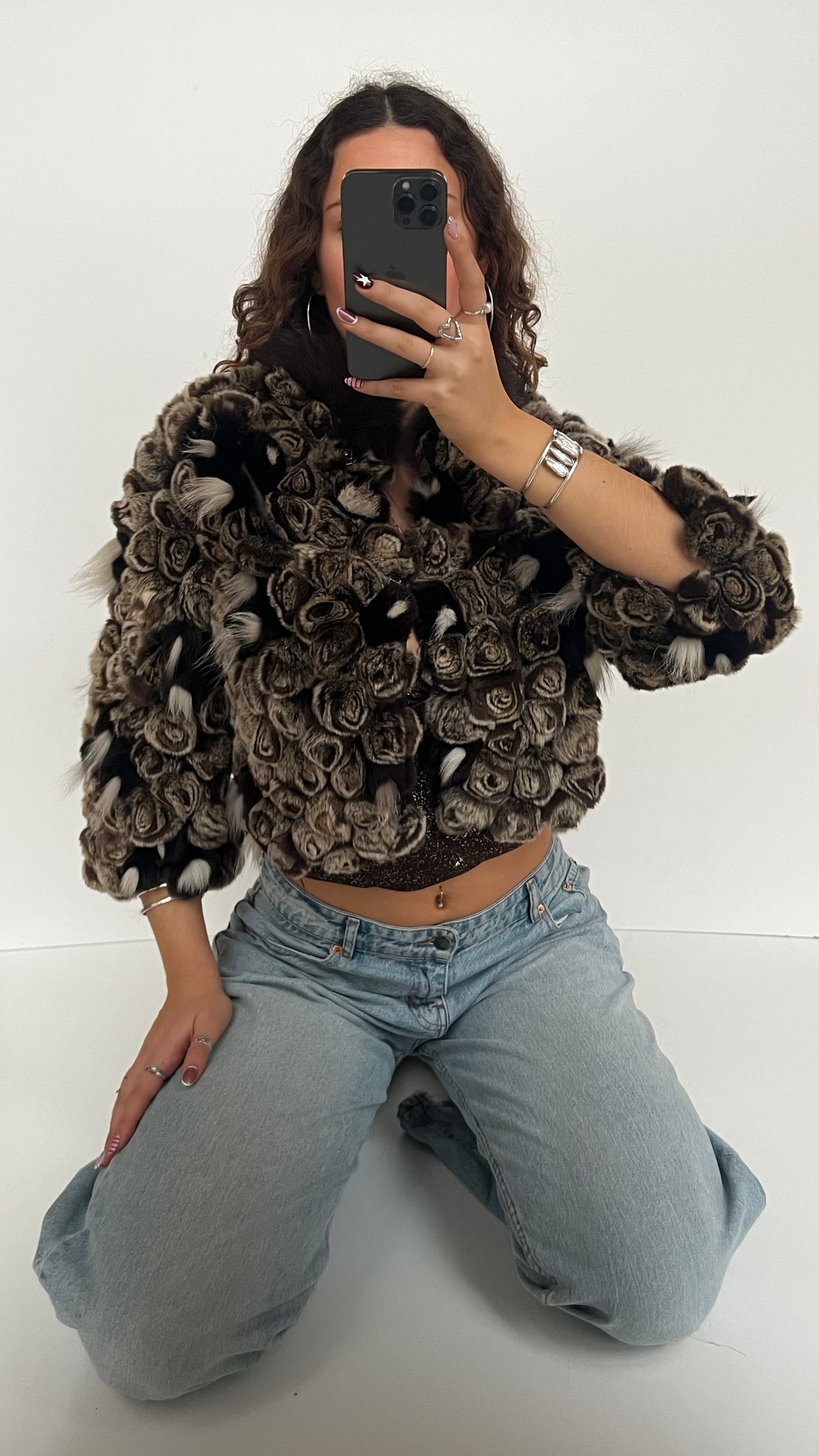 00s brown textured cropped fur jacket- size M