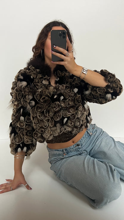 00s brown textured cropped fur jacket- size M