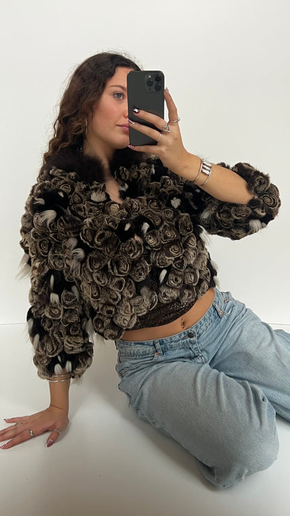 00s brown textured cropped fur jacket- size M