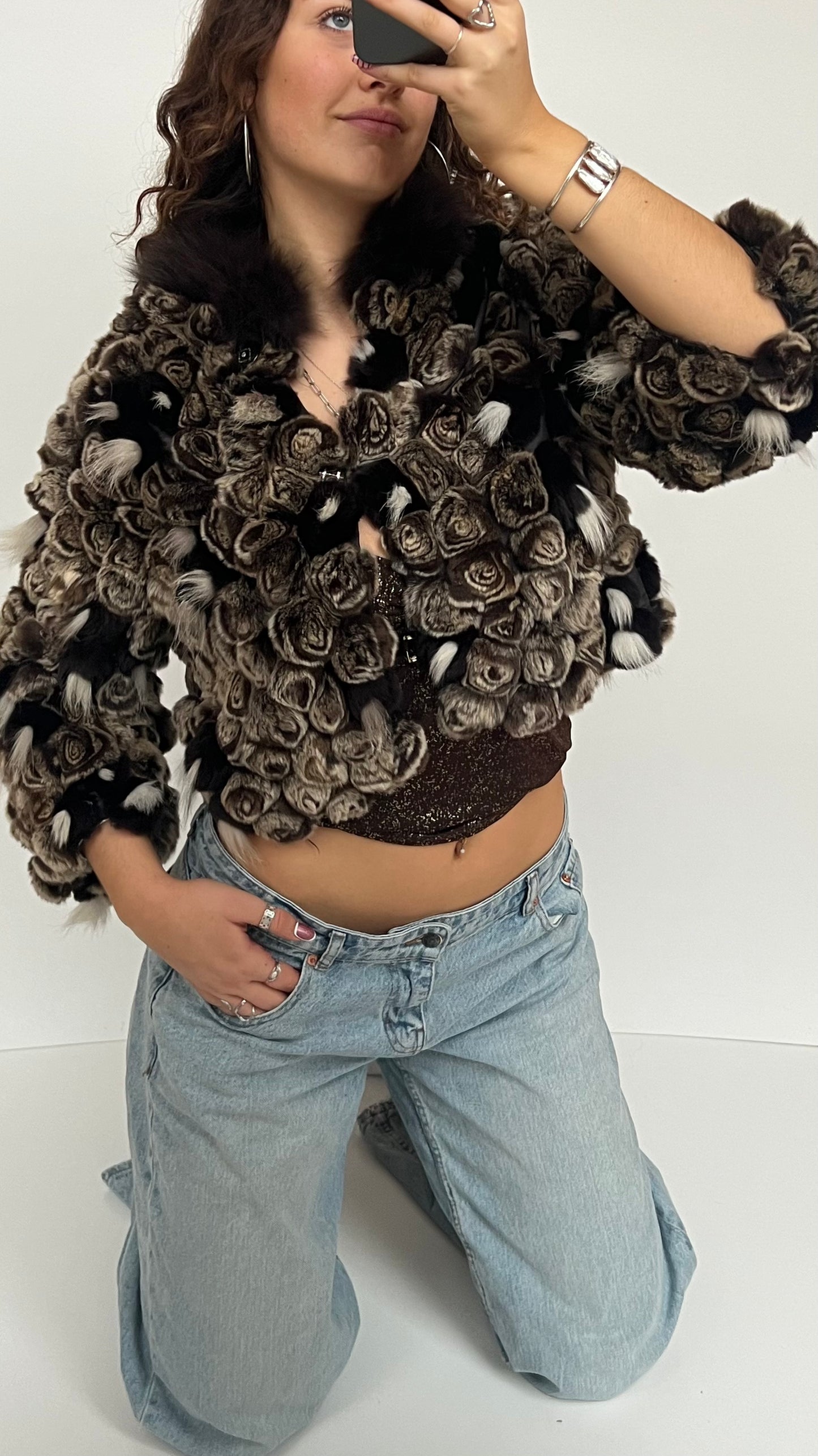 00s brown textured cropped fur jacket- size M