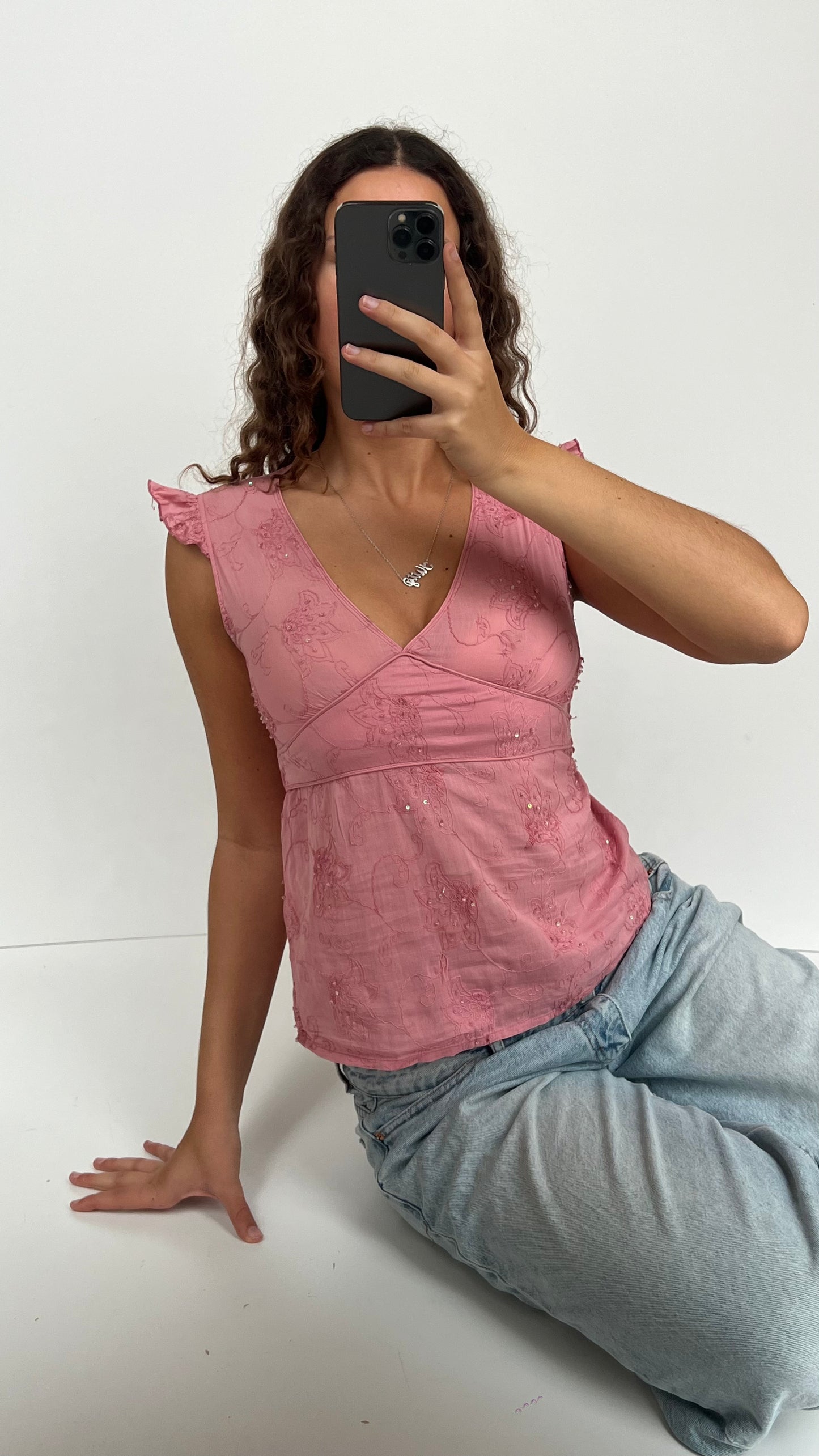 00s pink sequin babydoll top- size S