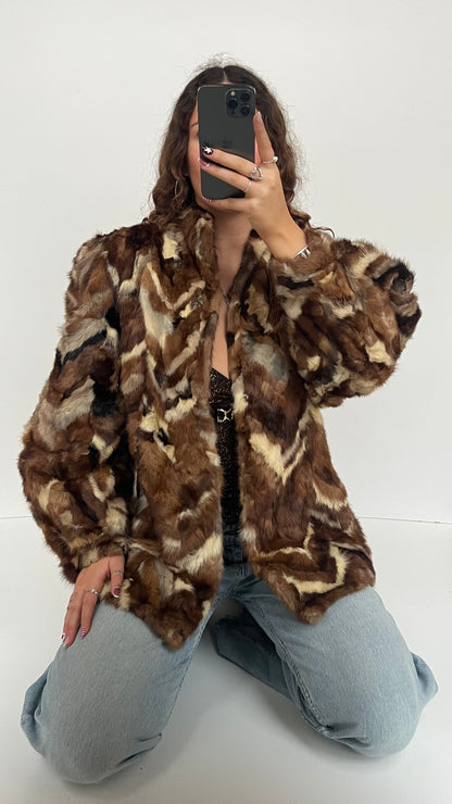 00s brown patchwork fur coat- size XL