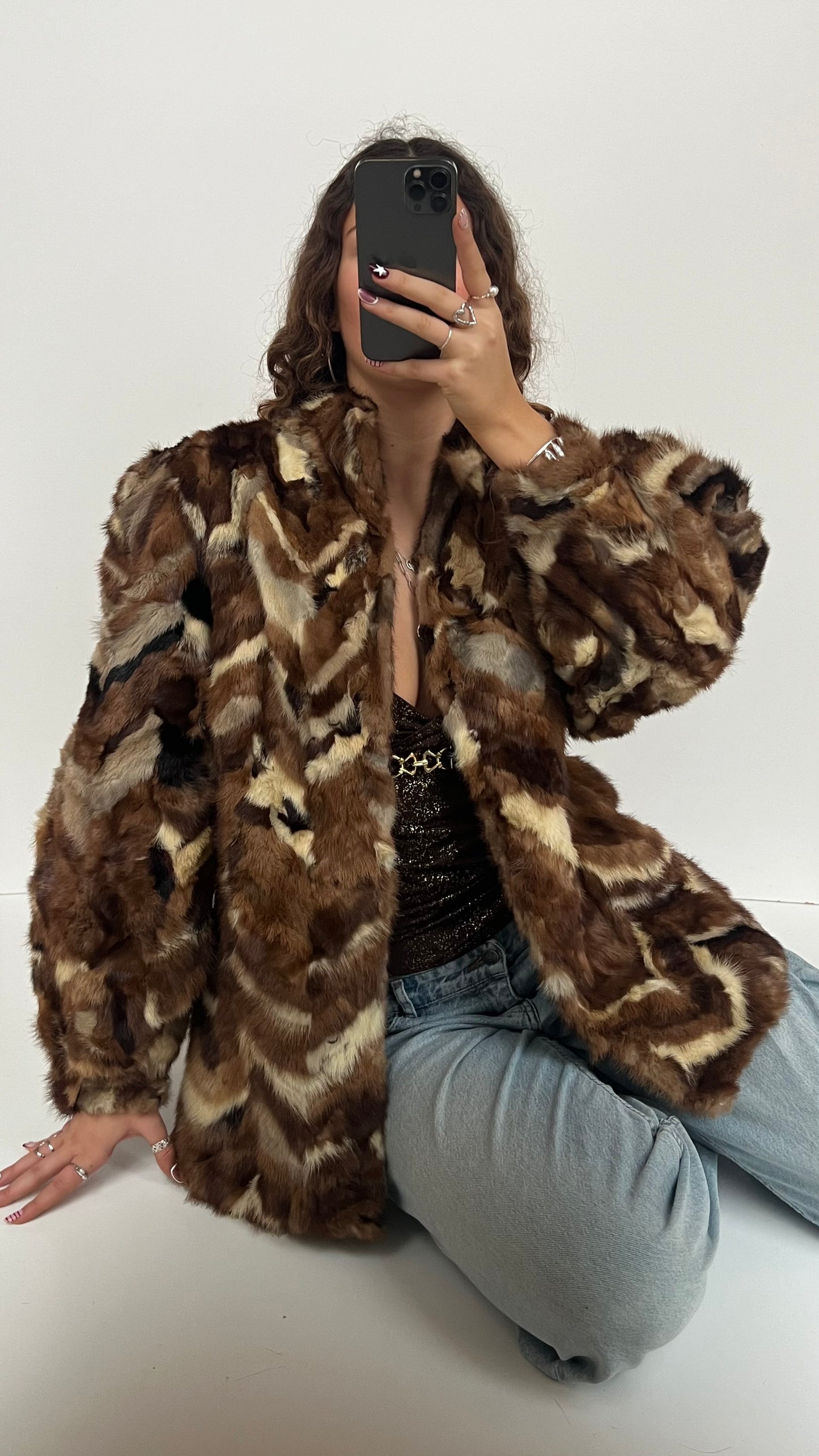 00s brown patchwork fur coat- size XL