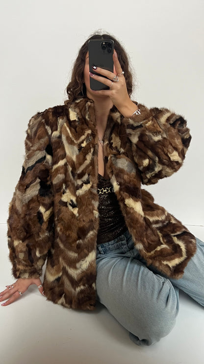 00s brown patchwork fur coat- size XL