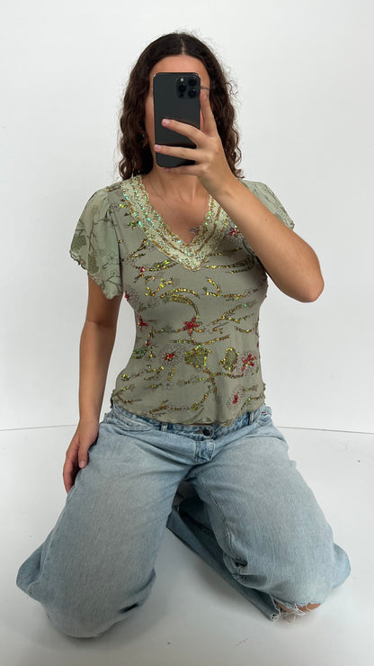 00s green sequin babydoll top- size M
