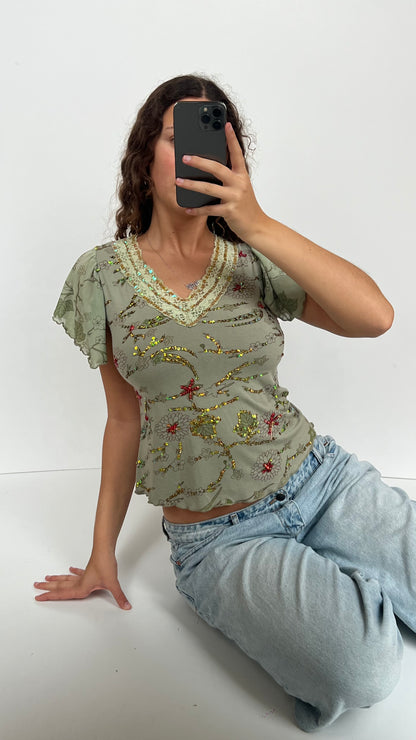 00s green sequin babydoll top- size M