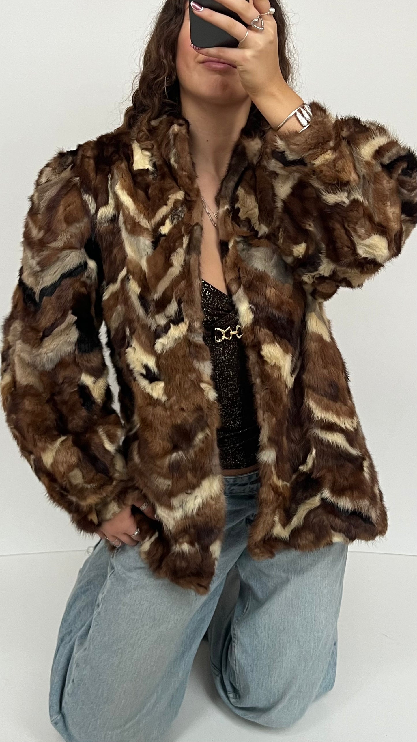 00s brown patchwork fur coat- size XL