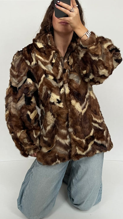 00s brown patchwork fur coat- size XL