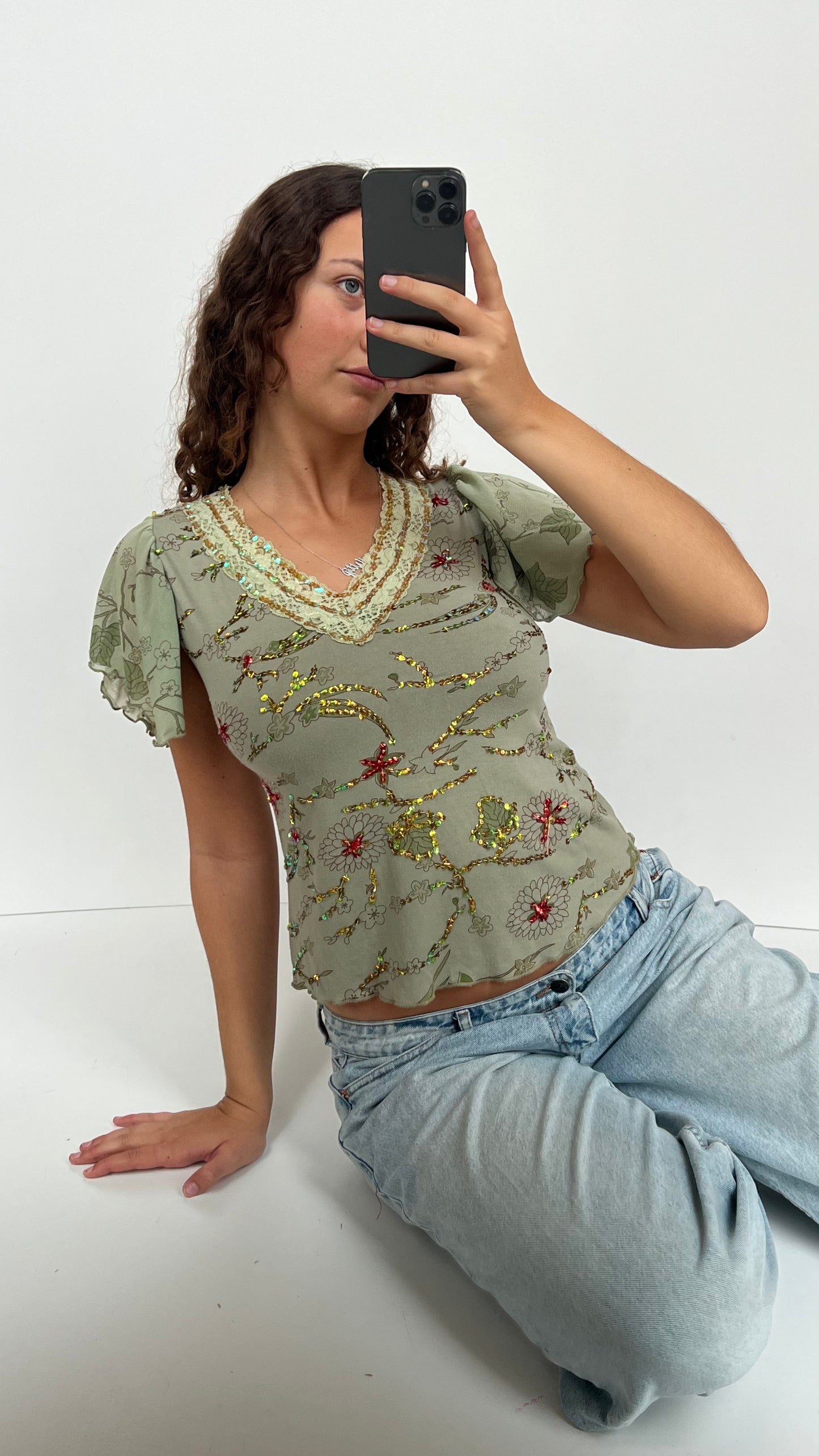 00s green sequin babydoll top- size M