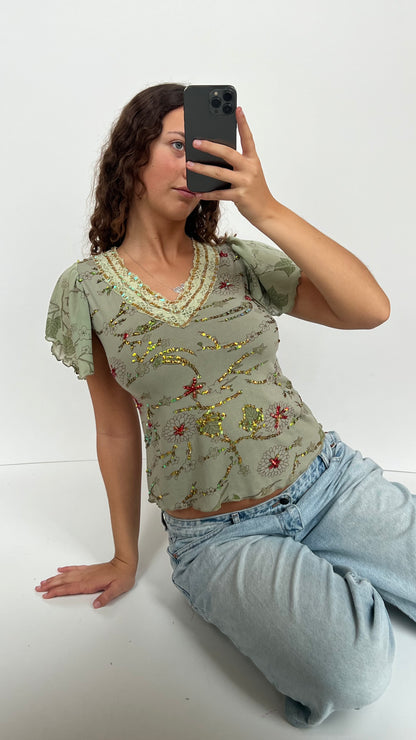 00s green sequin babydoll top- size M