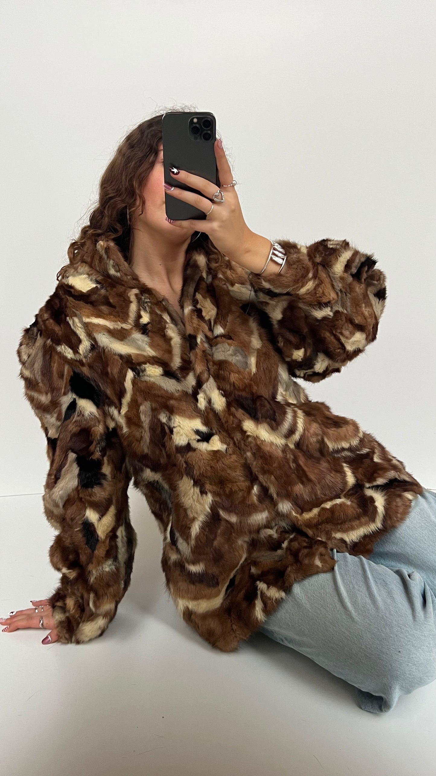 00s brown patchwork fur coat- size XL