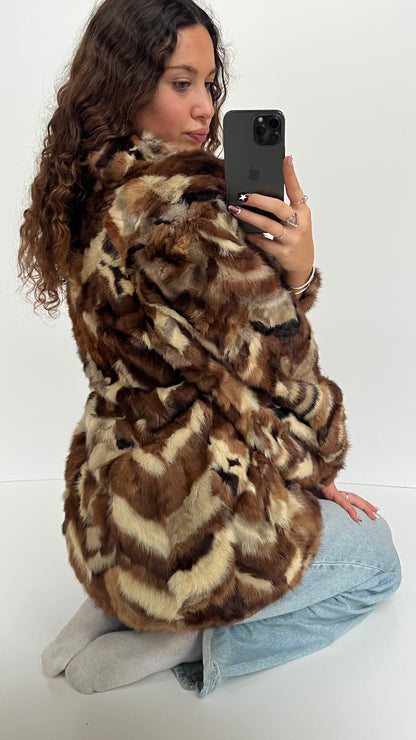 00s brown patchwork fur coat- size XL