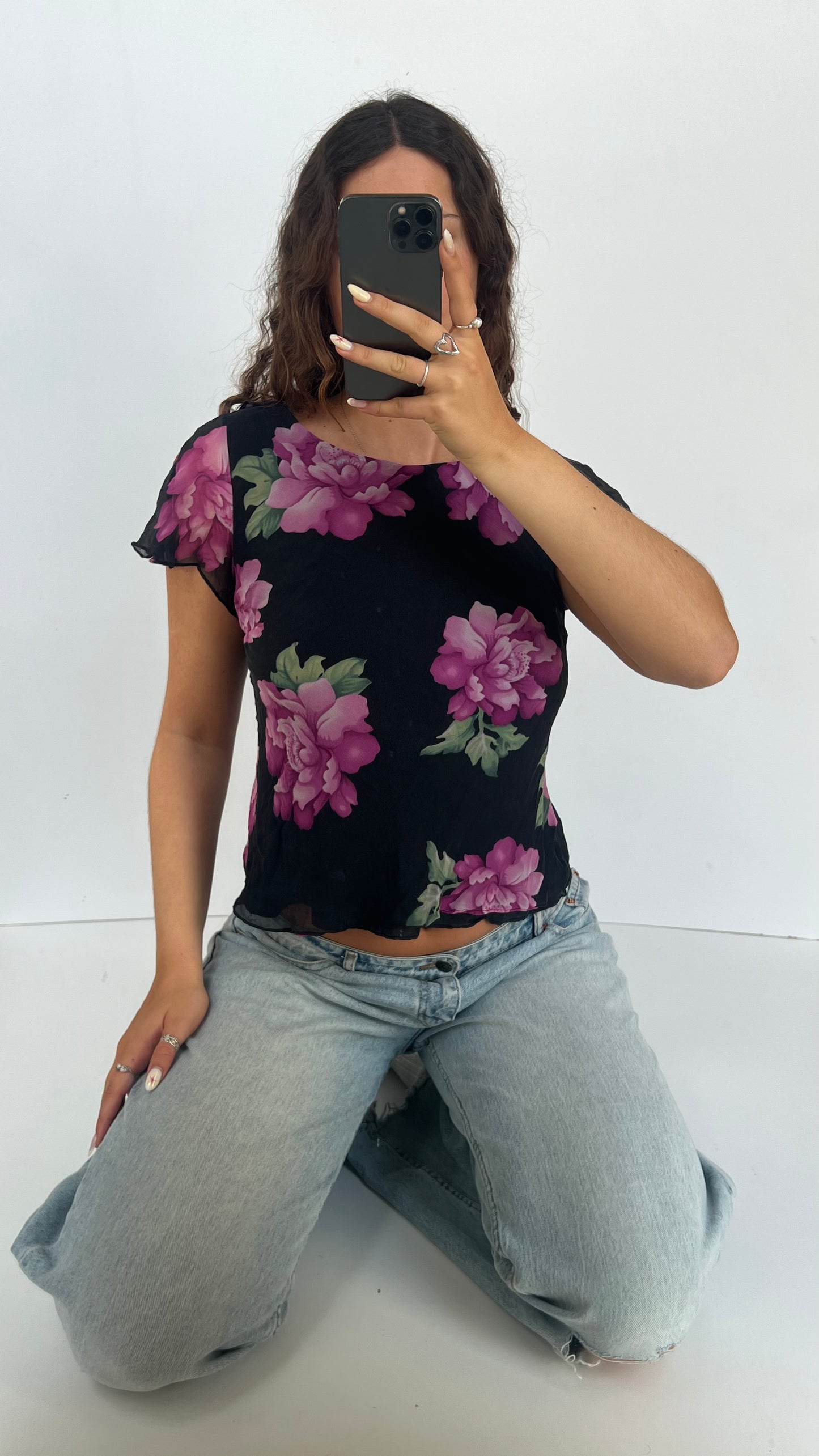 00s black floral mesh top- size M/L