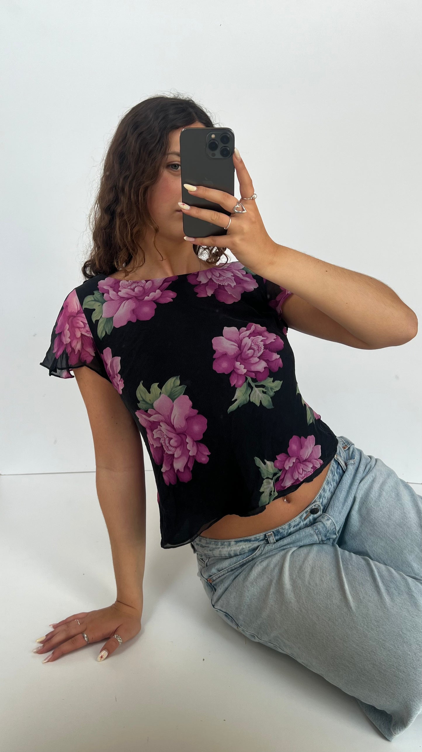 00s black floral mesh top- size M/L