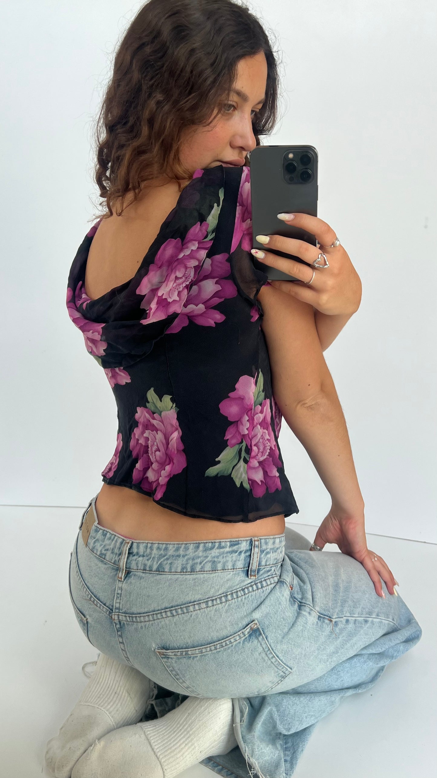 00s black floral mesh top- size M/L
