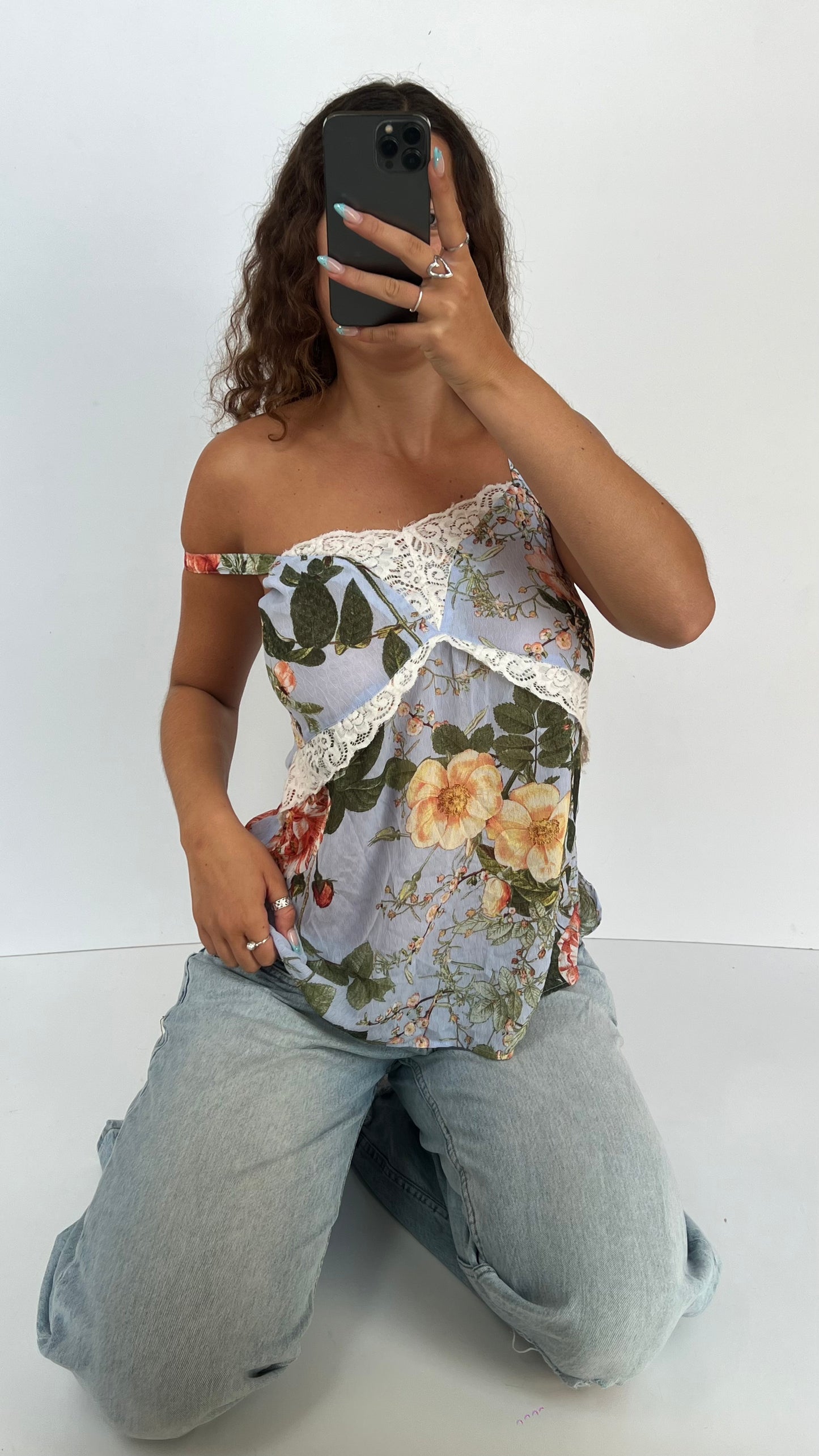 00s blue floral mesh cami- size M