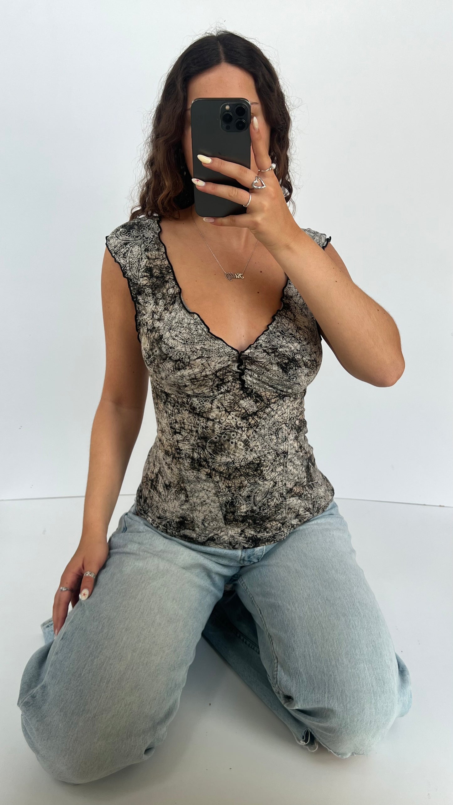 00s brown patterned top- size S