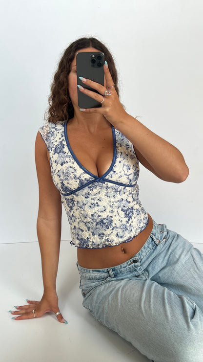00s blue white babydoll top- size S