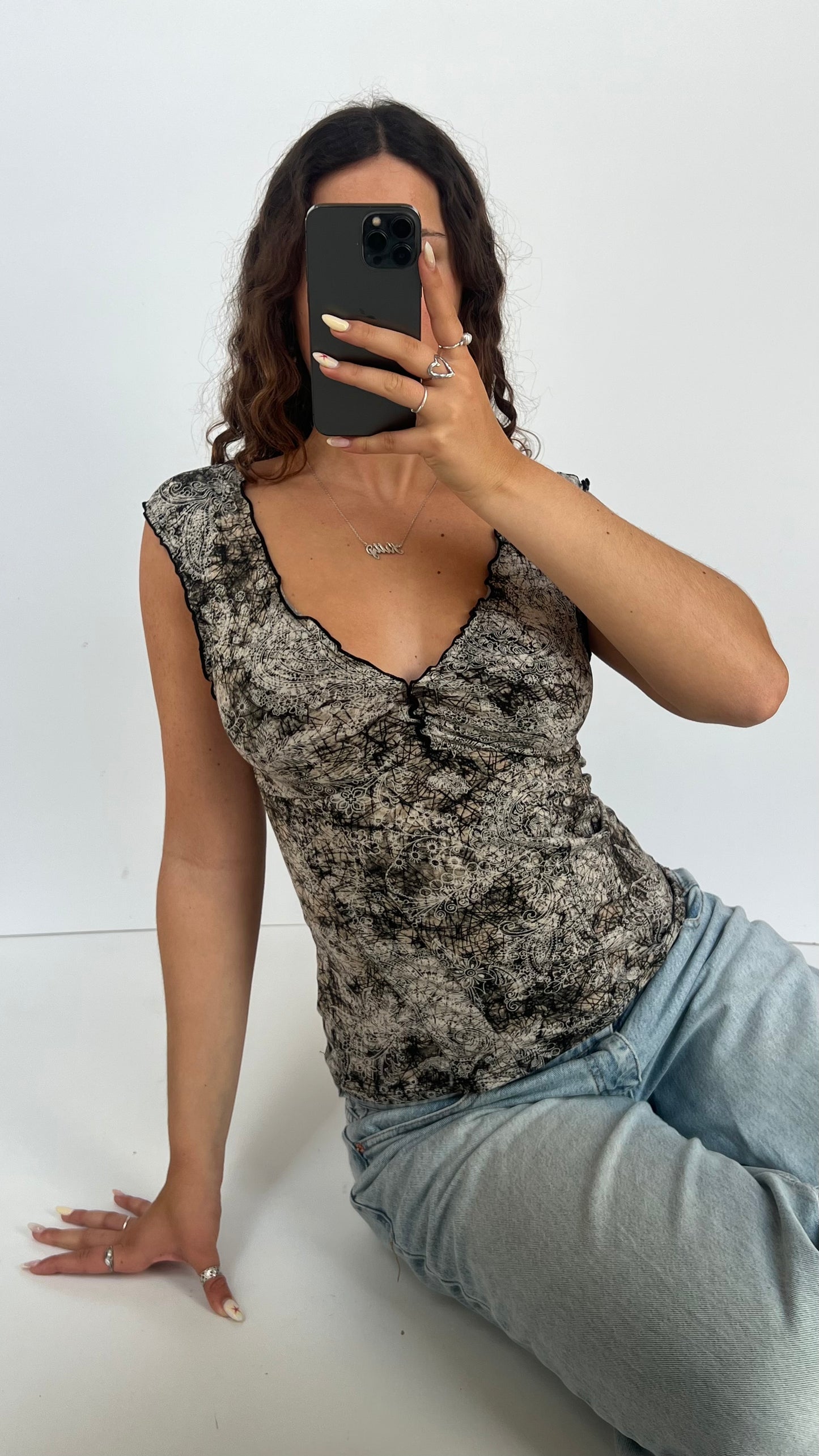00s brown patterned top- size S