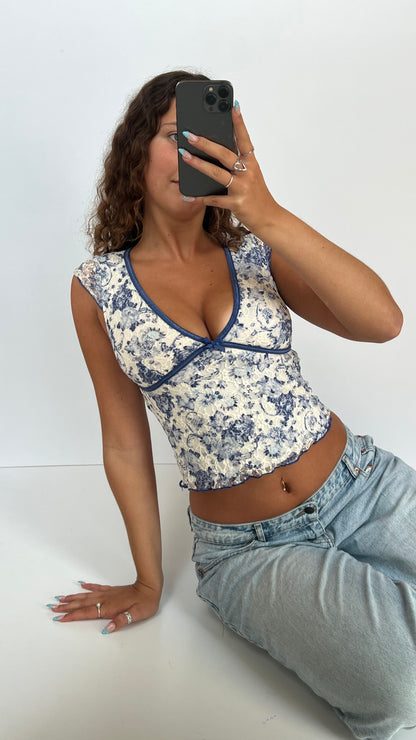 00s blue white babydoll top- size S