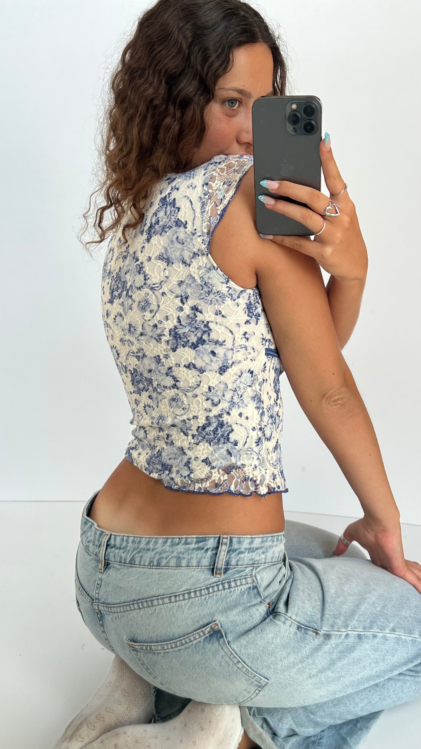 00s blue white babydoll top- size S