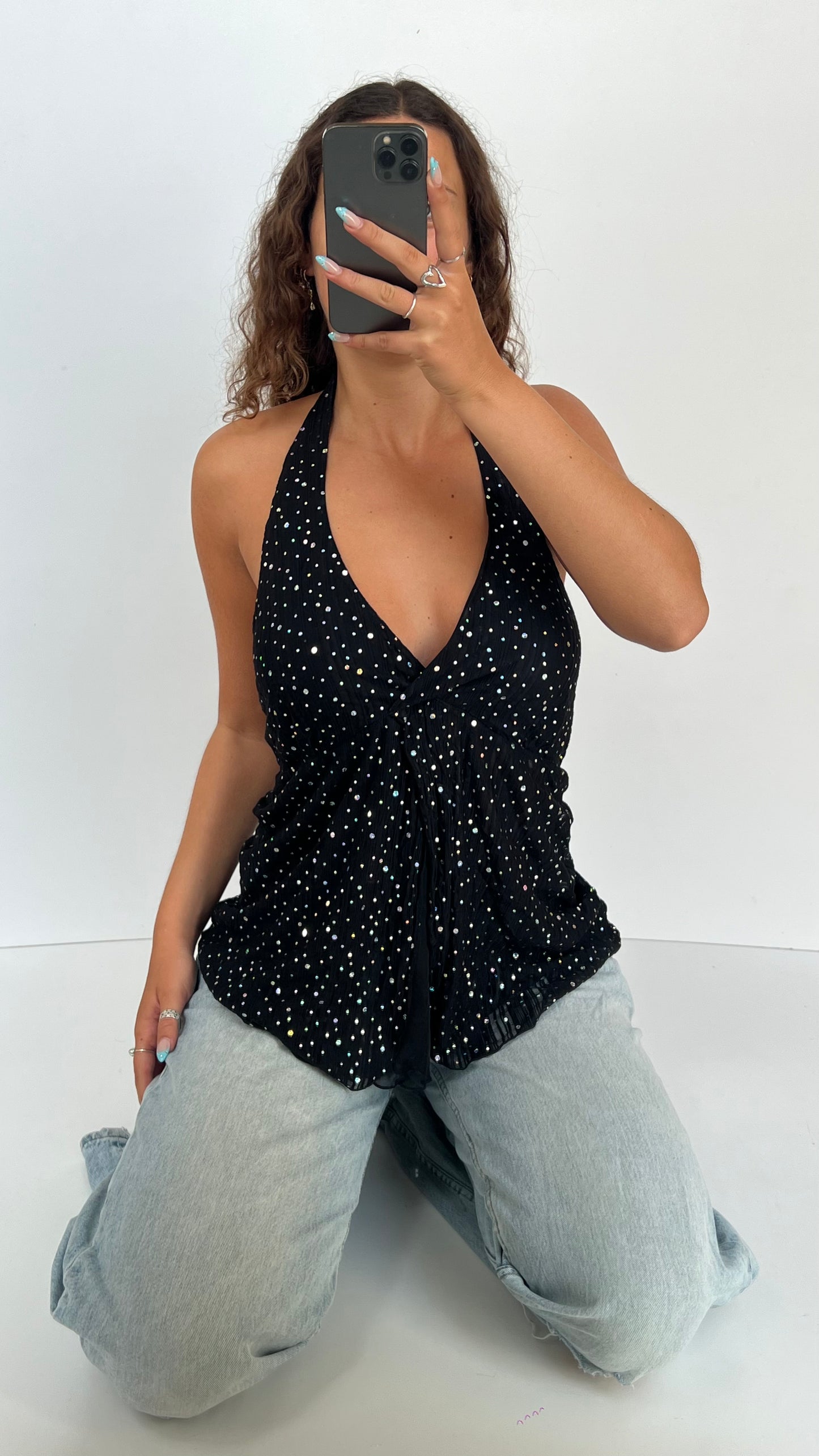00s black glitter halter cami- size L