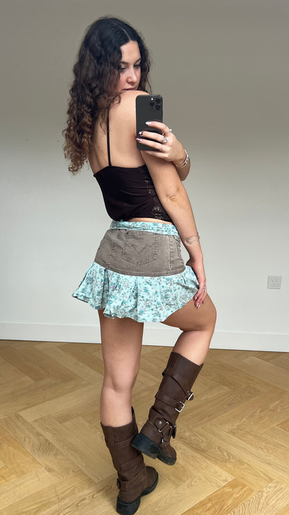 00s brown blue floral mini skirt- size S/M