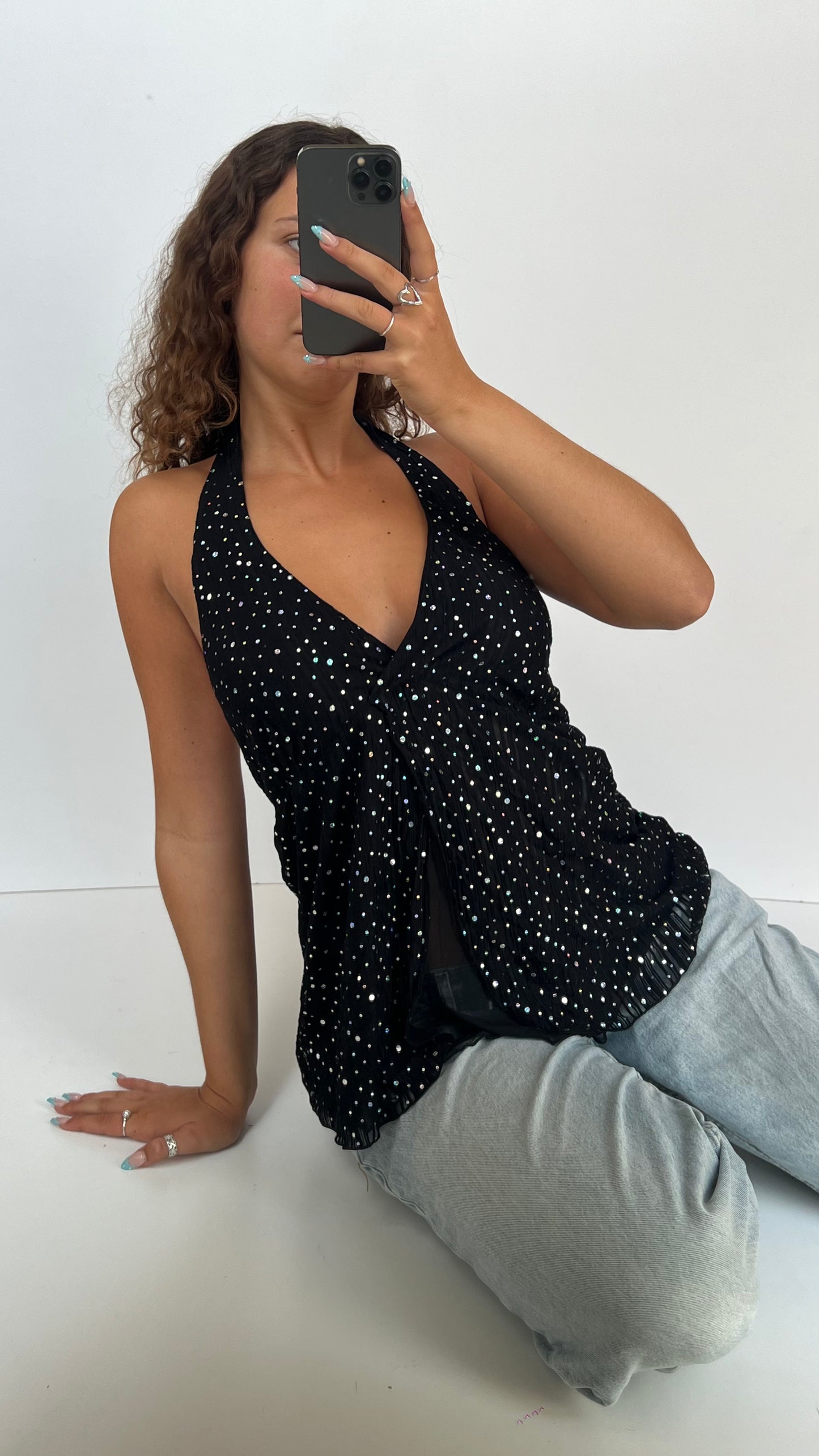 00s black glitter halter cami- size L