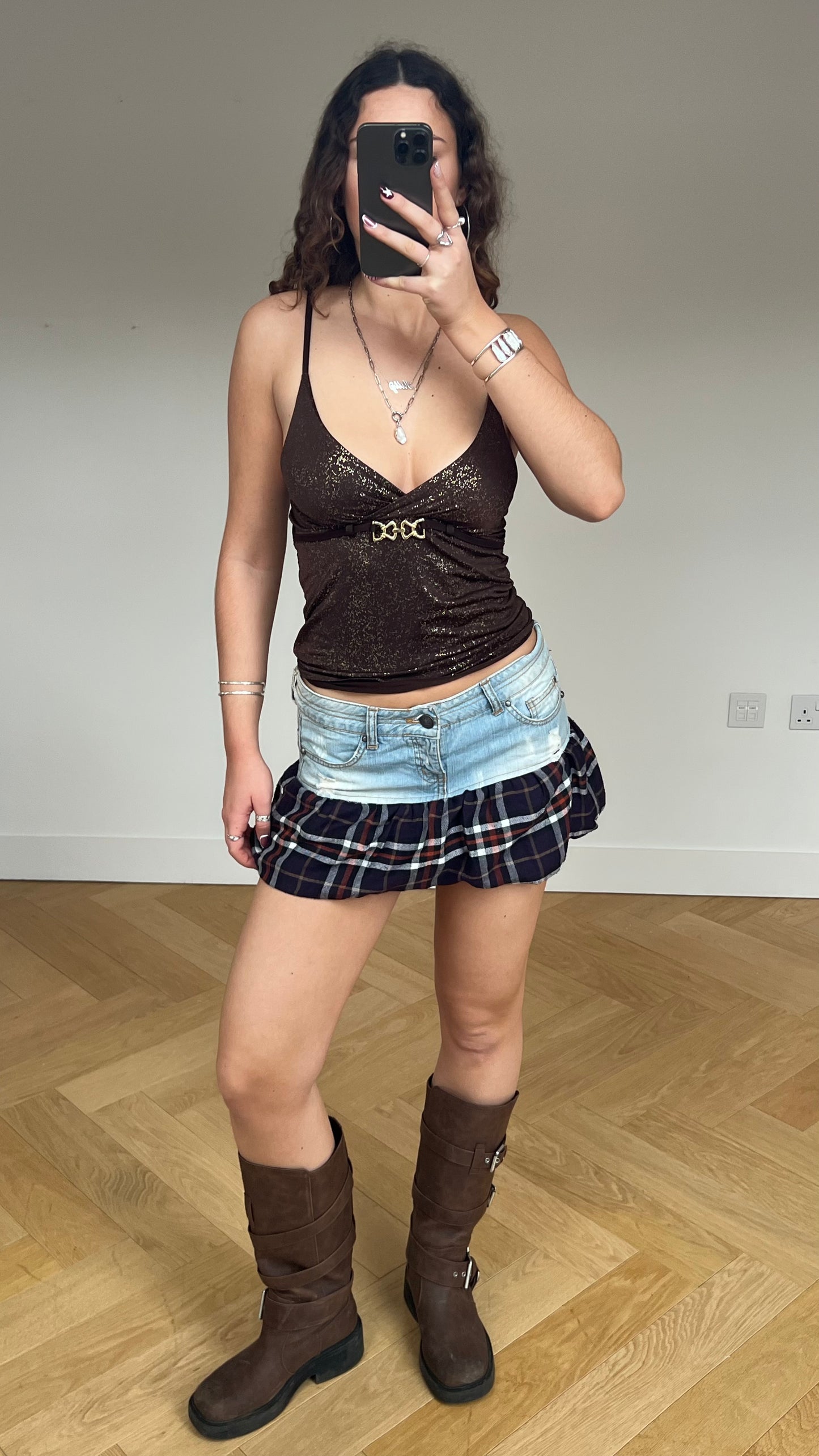 00s denim tartan mini skirt- size S/M