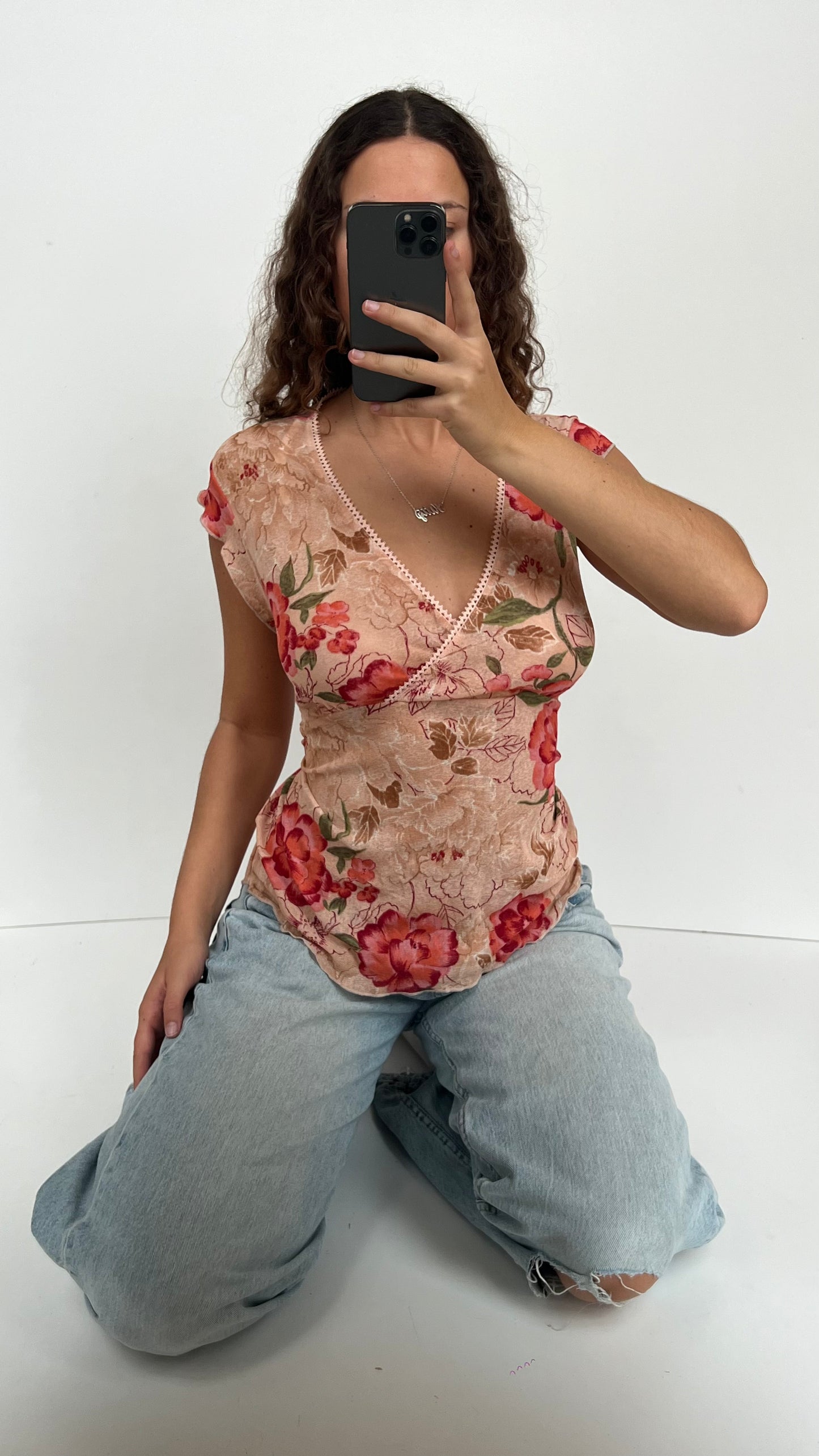 00s pink floral babydoll top- size XL