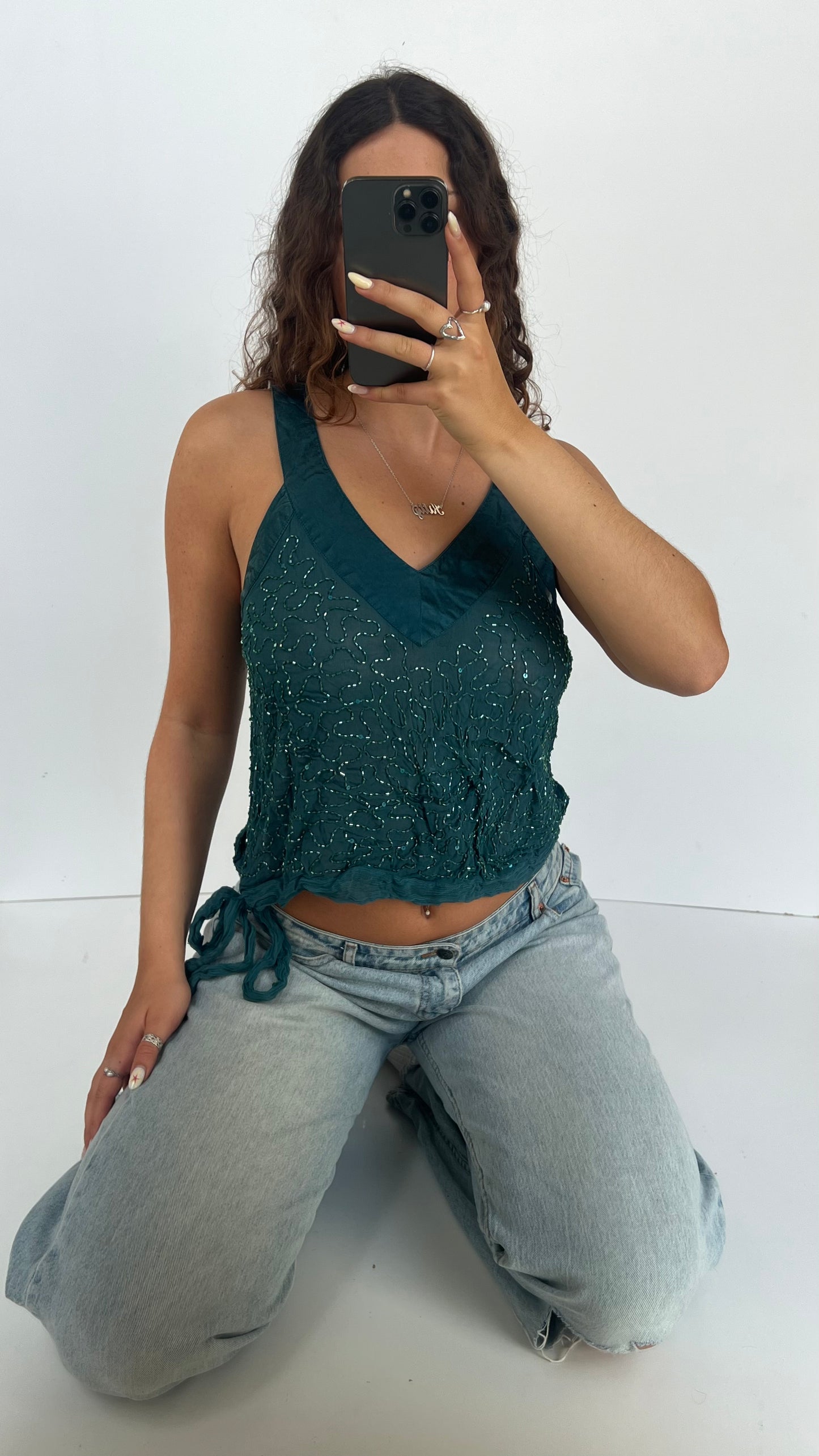 00s teal beaded mesh tank top- size M