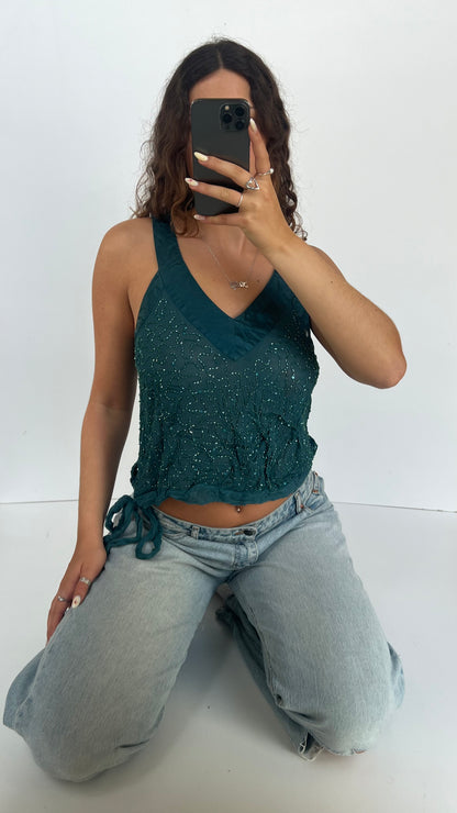 00s teal beaded mesh tank top- size M