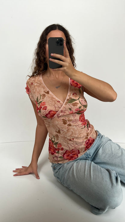 00s pink floral babydoll top- size XL
