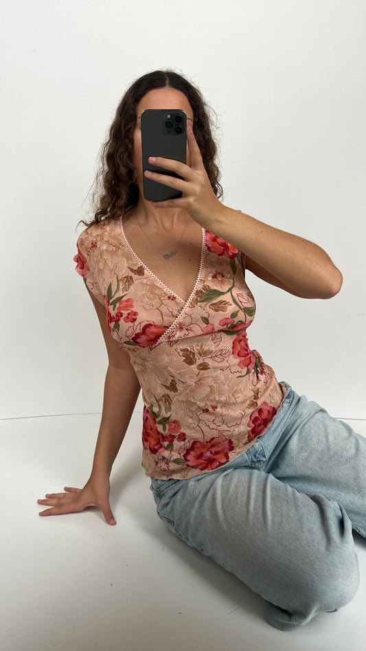 00s pink floral babydoll top- size XL