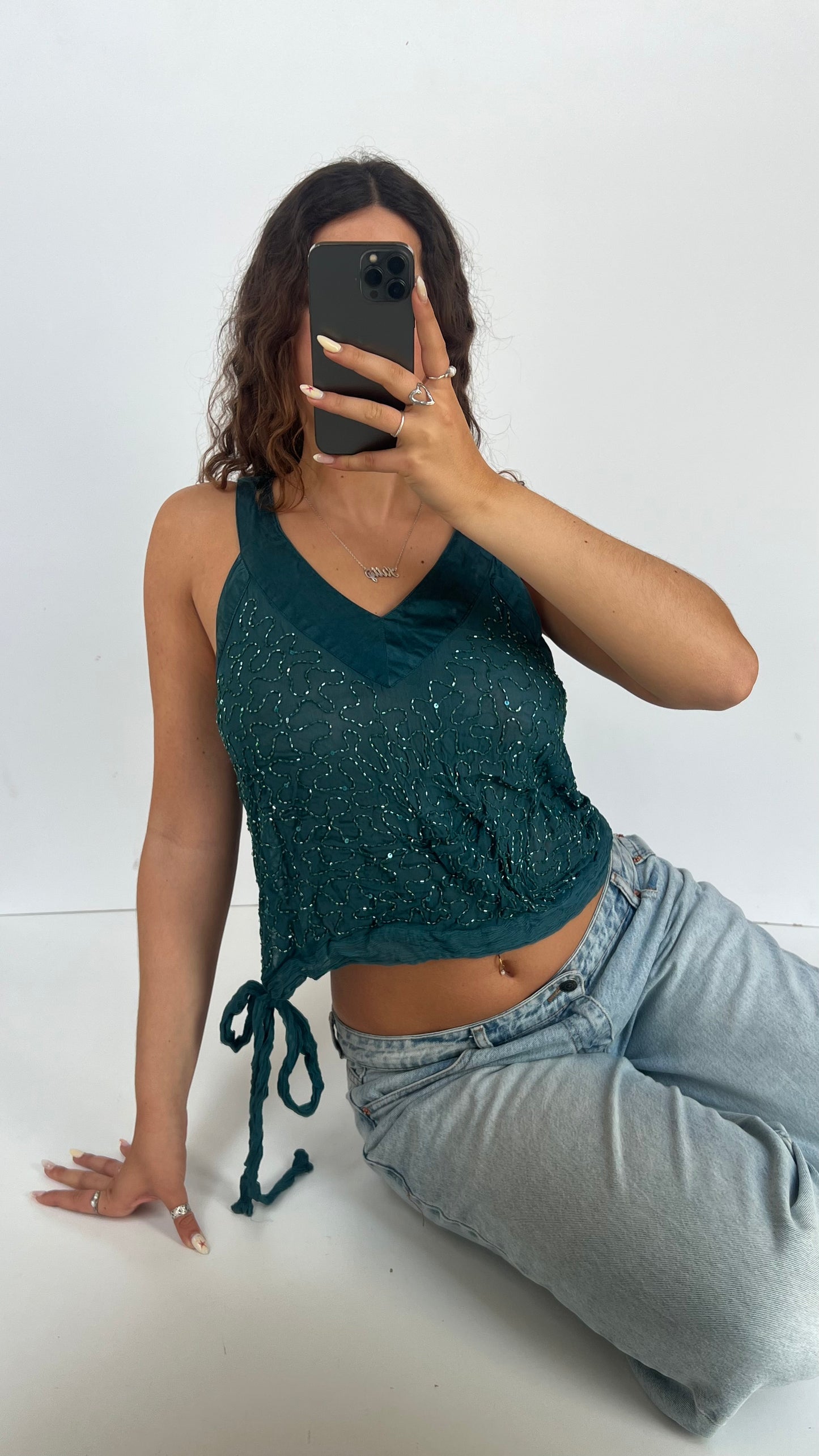 00s teal beaded mesh tank top- size M