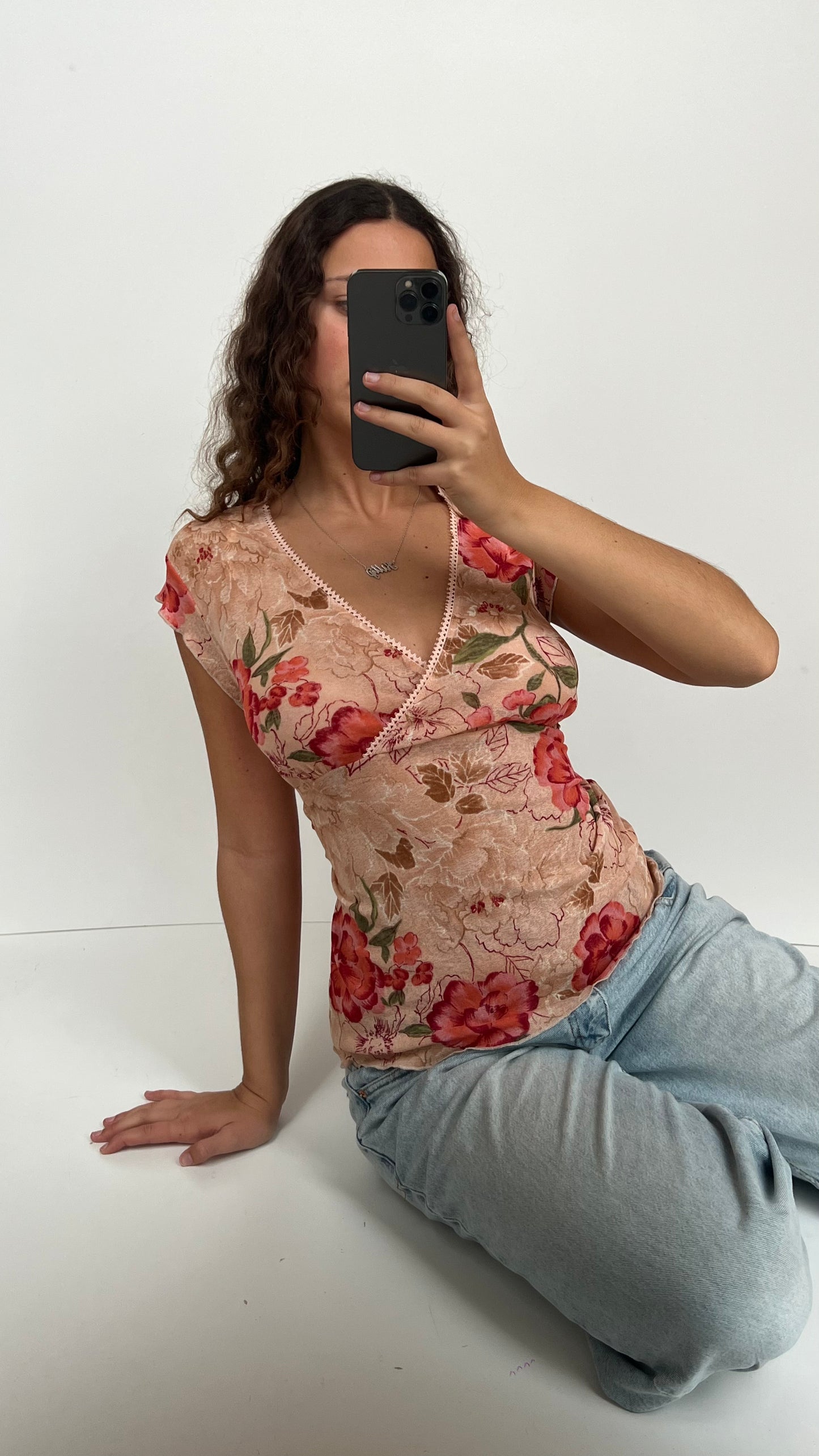 00s pink floral babydoll top- size XL