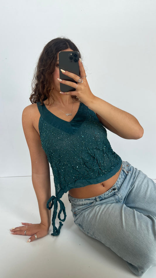 00s teal beaded mesh tank top- size M