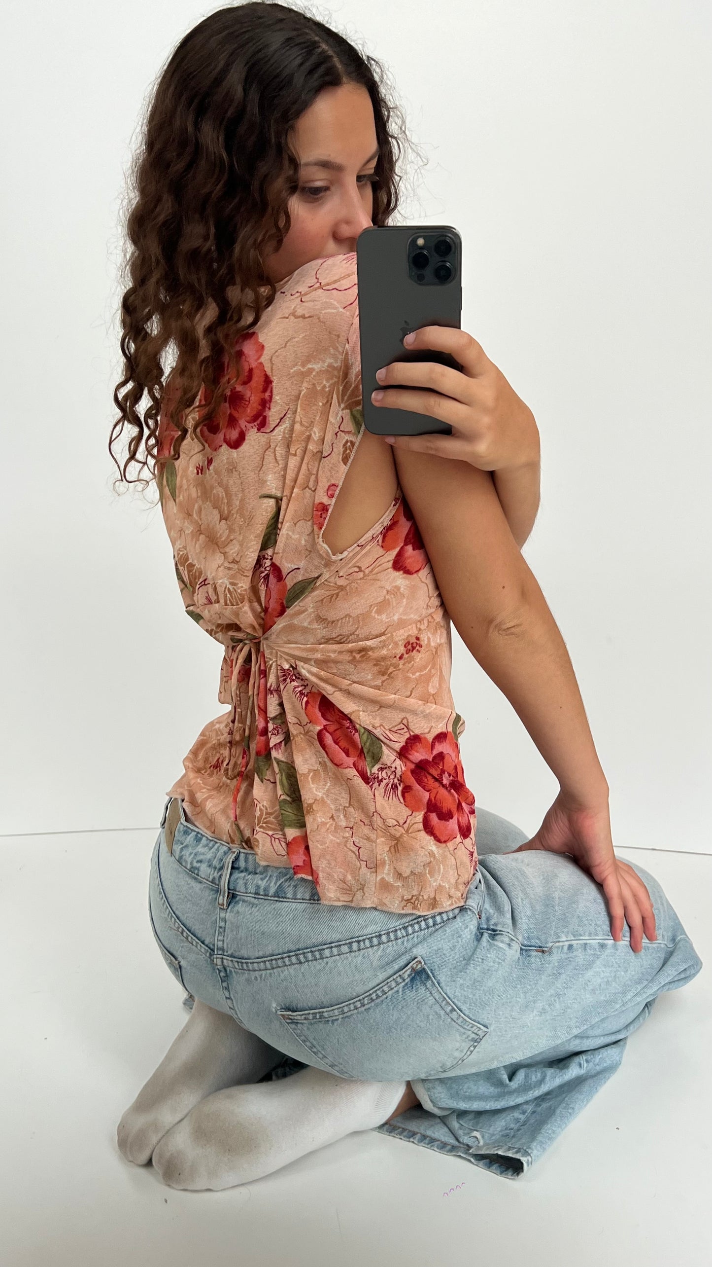 00s pink floral babydoll top- size XL