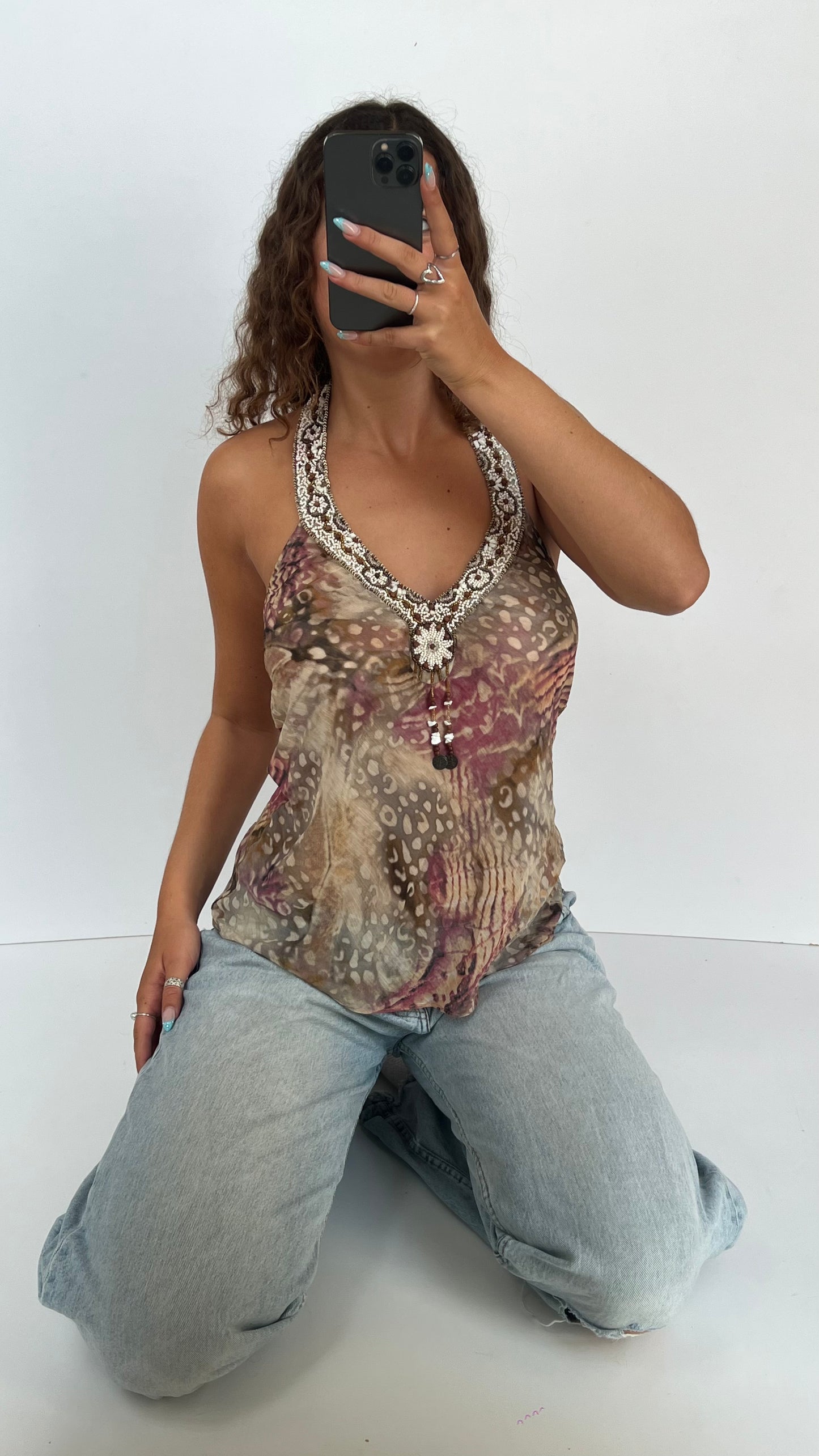 00s brown mesh beaded top- size M