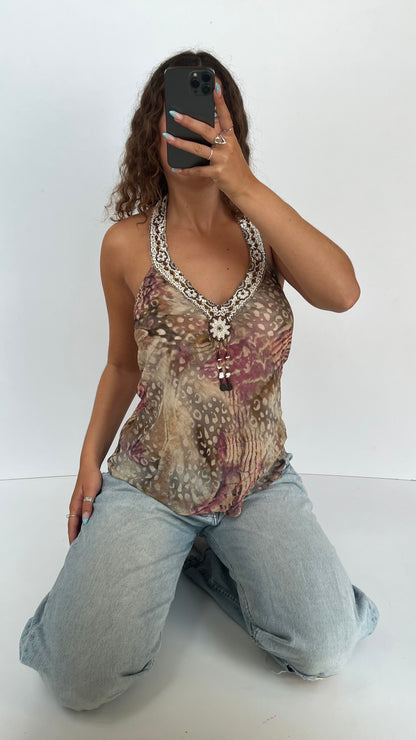 00s brown mesh beaded top- size M