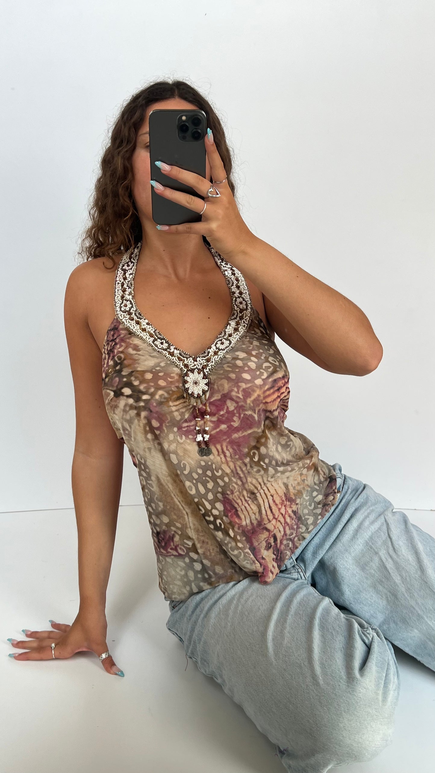 00s brown mesh beaded top- size M