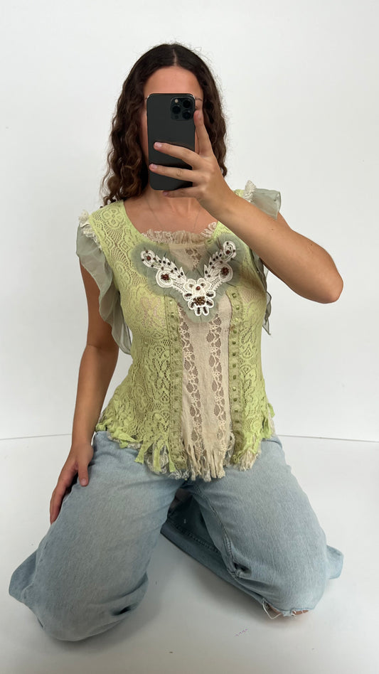 00s green lace babydoll top- size M