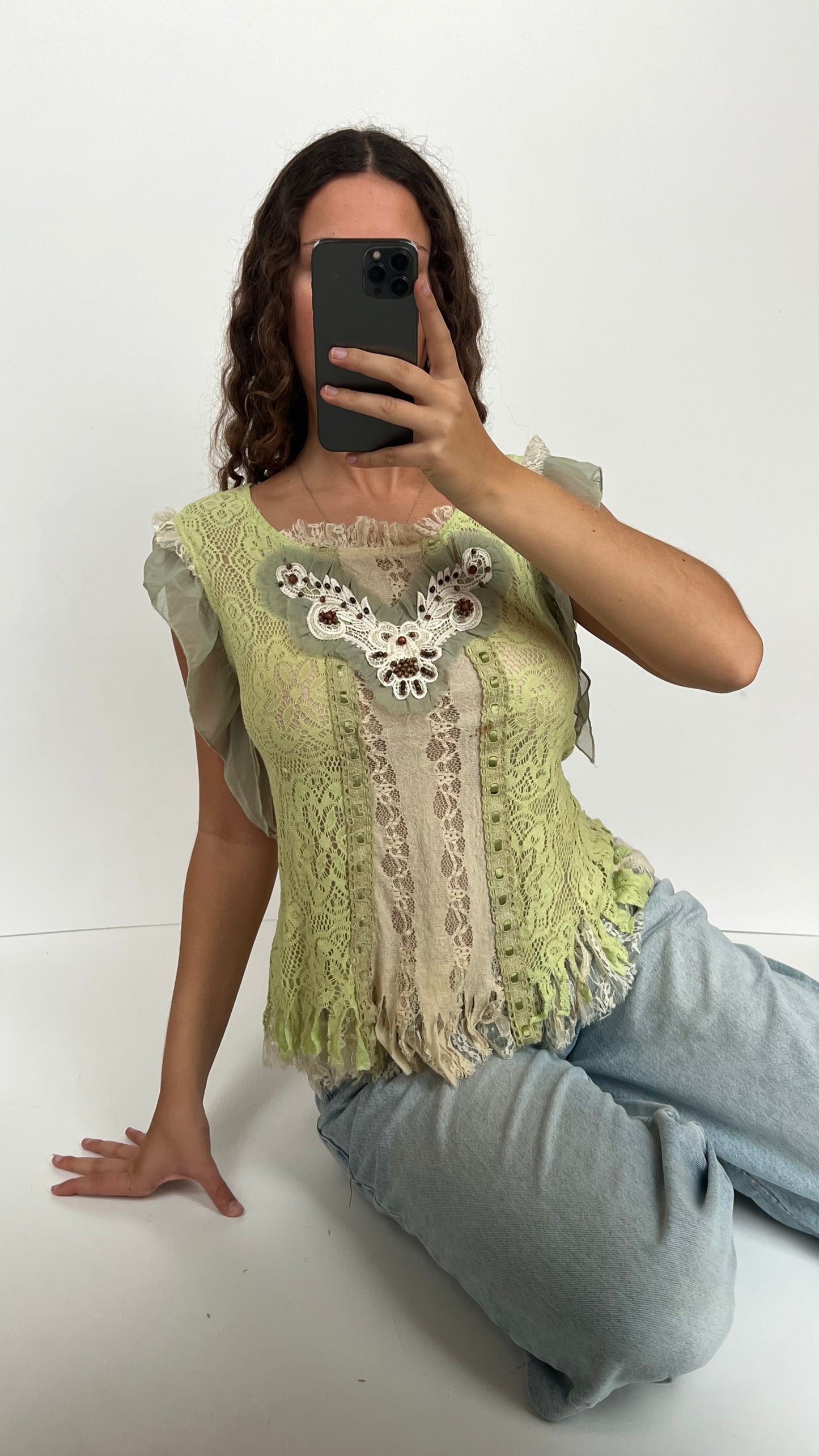 00s green lace babydoll top- size M