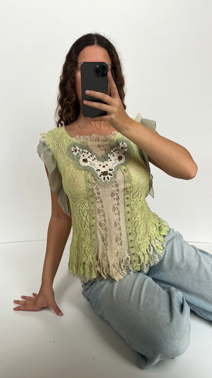 00s green lace babydoll top- size M