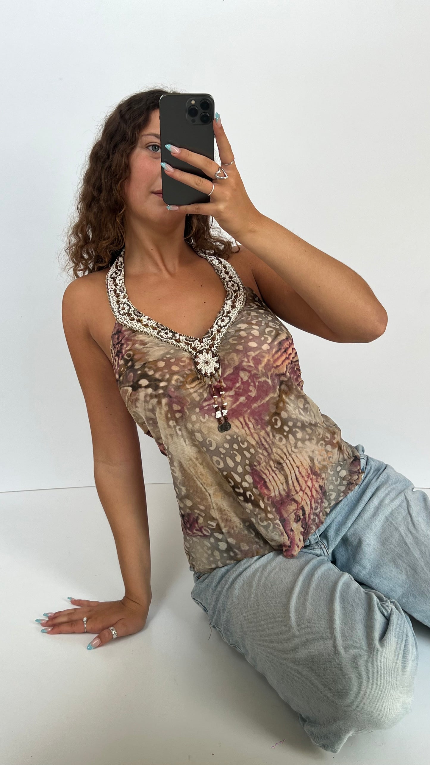 00s brown mesh beaded top- size M