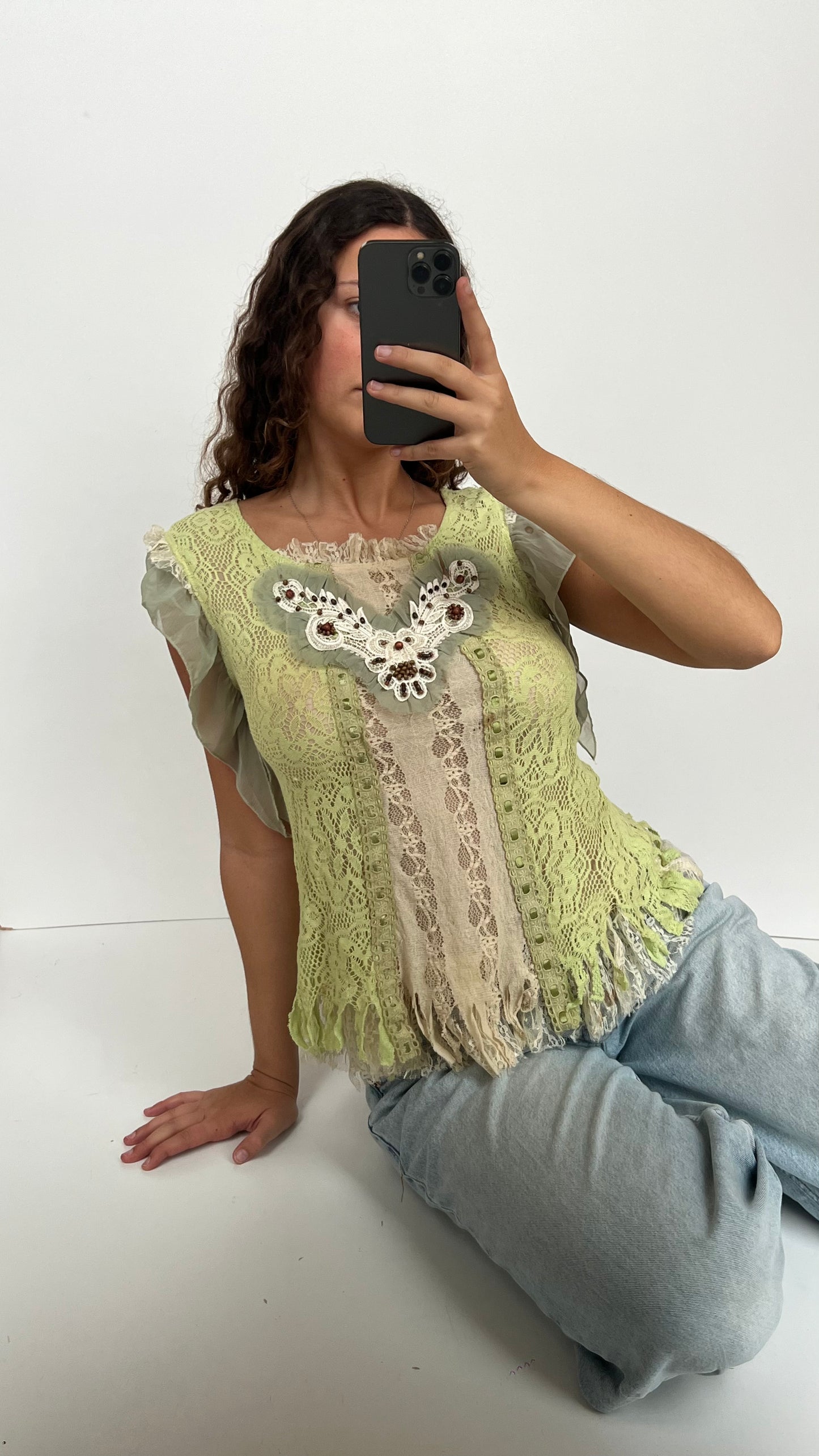 00s green lace babydoll top- size M